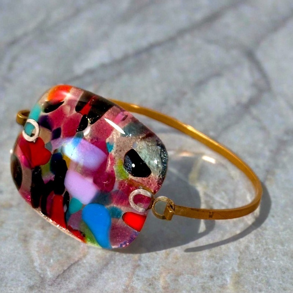Millefiori Colorful Abstract Fuse Glass Hinge Bangle CuffBracelet Square Vintage - Picture 2 of 15